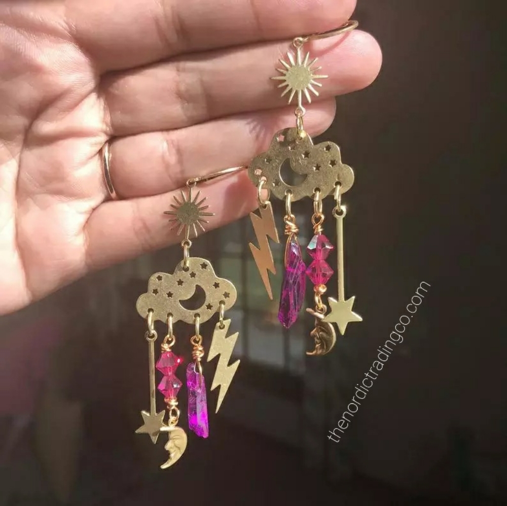 Women's Cloud Lightning Bolt Crystal Earrings Irredescent Gold Tone Boho Jewelry
